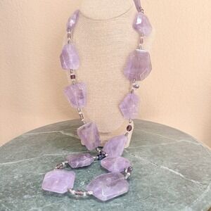 Vintage Big Heavy Faceted Polished Amethyst Chunky Purple Stone Necklace 33"